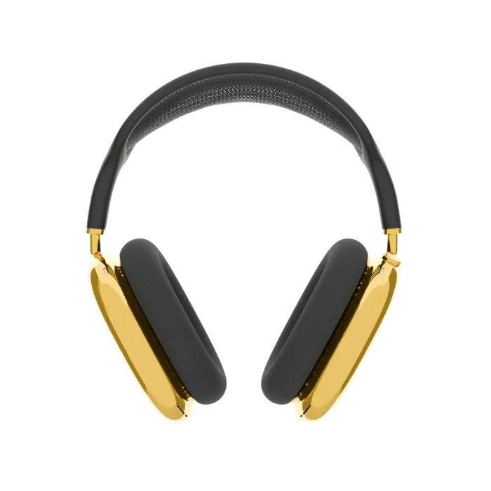 Gold AirPods Max 2 Midnight straight on, a near-black headband arching over two mirror 24K Gold ear cups and dark grey cushions