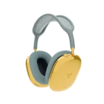 Gold AirPods Max 2 Blue in a three-quarter view, mirror 24K Gold ear cups with a small maker's mark under a pale blue mesh canopy and matching cushions
