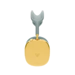 Gold AirPods Max 2 Blue from the side, one mirror 24K Gold ear cup with its maker's mark, the gold arm rising to the pale blue headband
