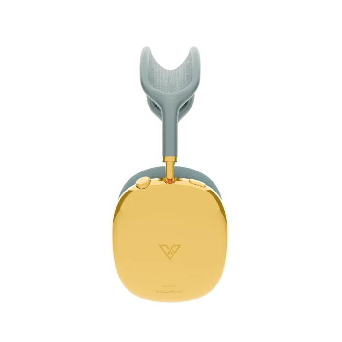 Gold AirPods Max 2 Blue from the side, one mirror 24K Gold ear cup with its maker's mark, the gold arm rising to the pale blue headband
