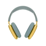 Gold AirPods Max 2 Blue from the front, both 24K Gold ear cups and arms framed by the pale blue headband and ear cushions