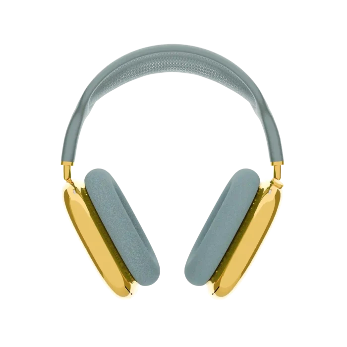 Gold AirPods Max 2 Blue from the front, both 24K Gold ear cups and arms framed by the pale blue headband and ear cushions