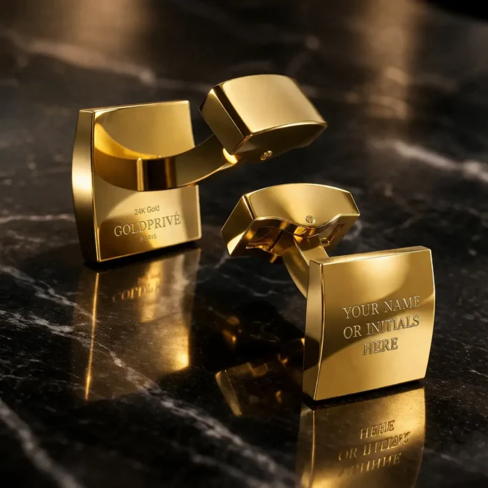 Elegant-gold-cufflinks-on-marble-slab-700x700 24K Gold Square Cufflinks - Image 1