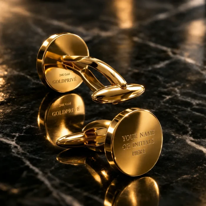 Elegant-gold-cufflinks-on-marble-surface-700x700 24K Gold Round Cufflinks - Image 1