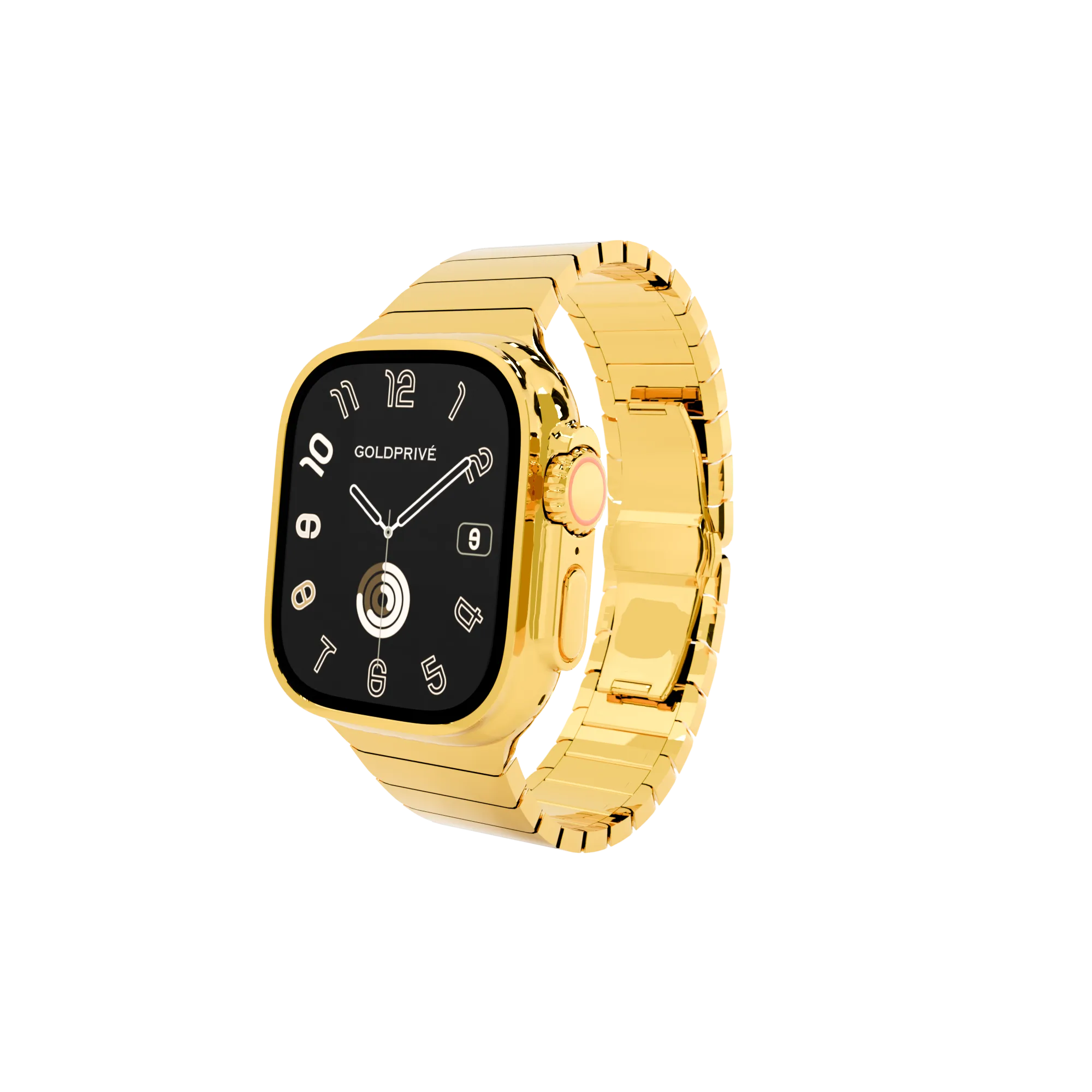 Gold Apple Watch Ultra 4 Link Band in 24K Gold with its broad polished link bracelet