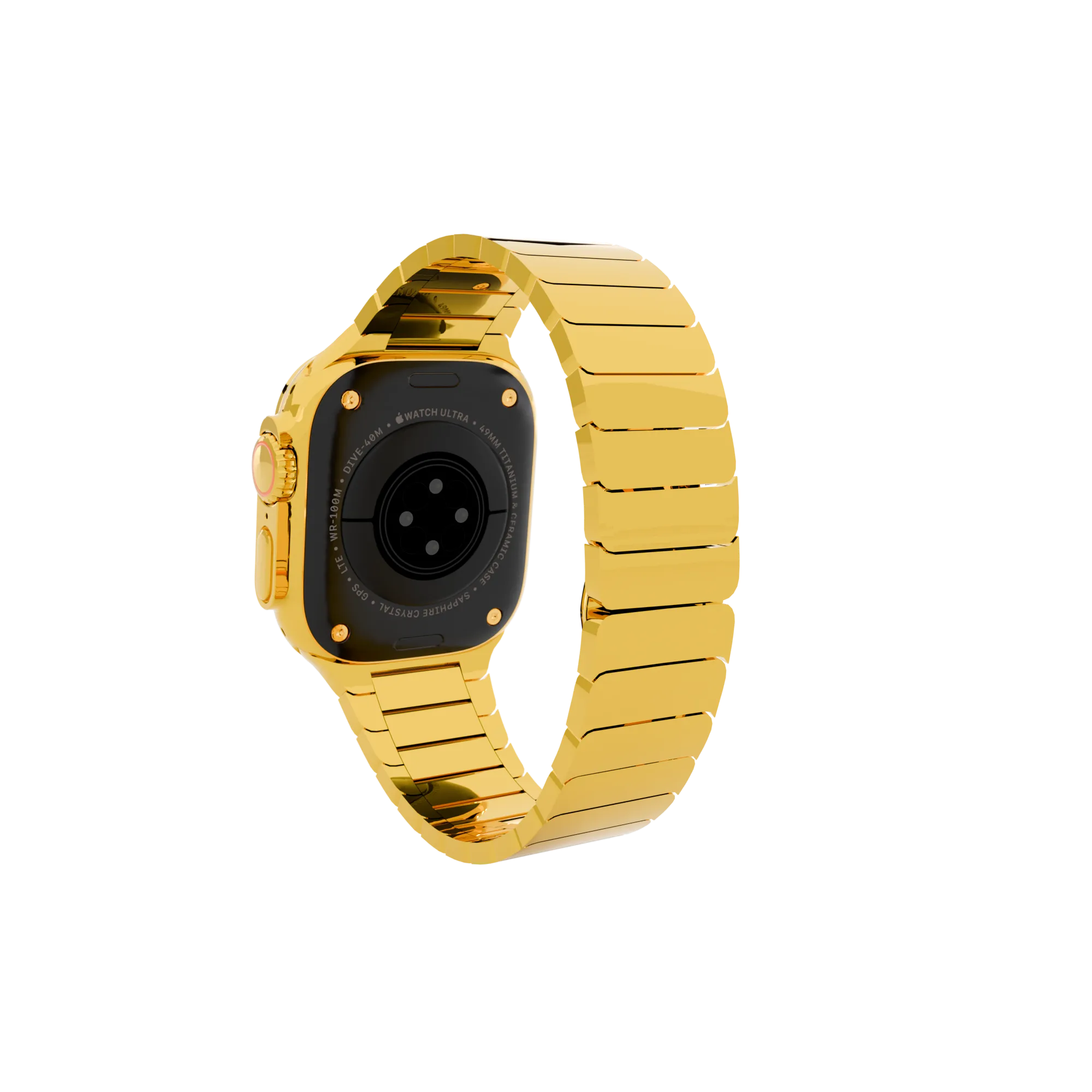 Gold Apple Watch Ultra 4 Link Band rear view with Apple's sensor back and the bracelet clasp