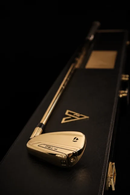 Gold TaylorMade P790 4-Iron resting in its black leather case with the GoldPrivé emblem