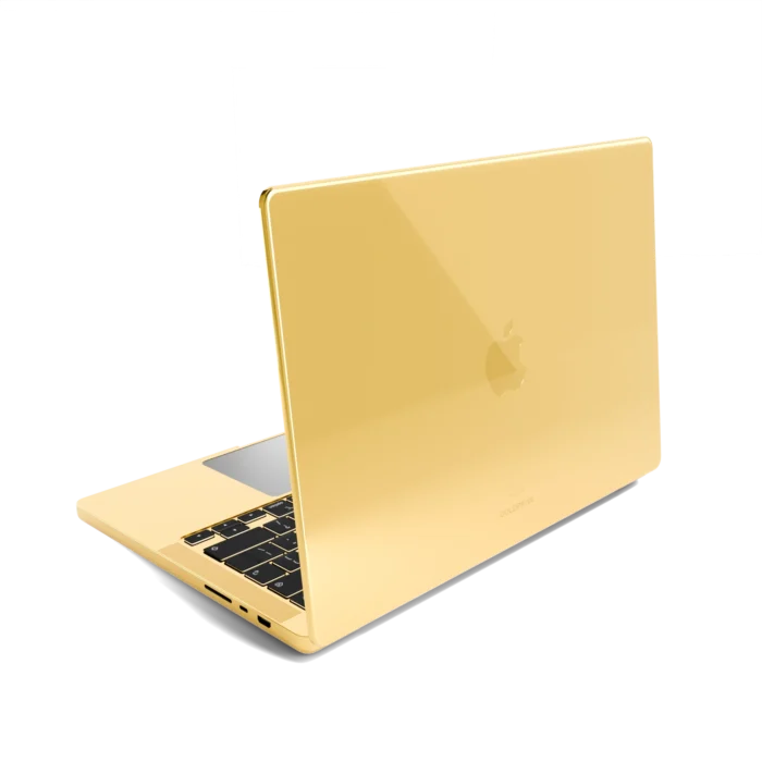 Gold Logo.04 Gold MacBook Pro in 24K Gold, rear view of the plated lid with its tone-on-tone Apple logo