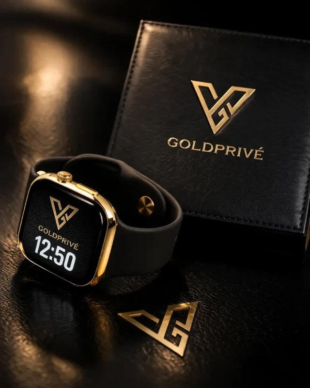 Gold Apple Watch with black strap resting on a GoldPrivé presentation box