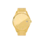 24K Gold Watch LM 4100 by GoldPrivé, front view of the smooth polished bezel, gold dial and date window