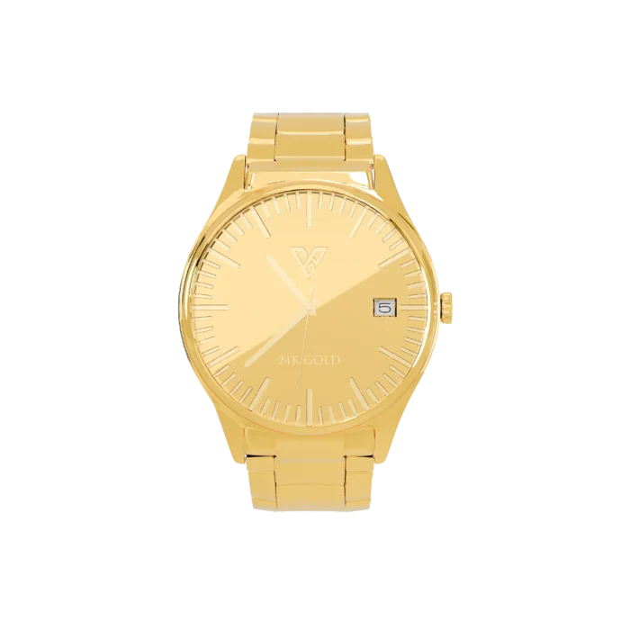 24K Gold Watch LM 4100 by GoldPrivé, front view of the smooth polished bezel, gold dial and date window