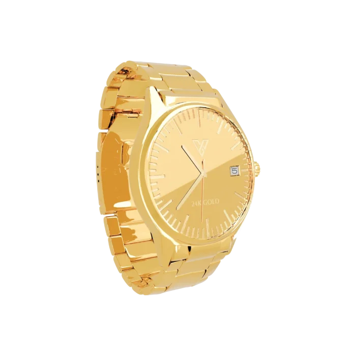 24K Gold Watch LM 4100, side view of the polished case and broad three-row bracelet