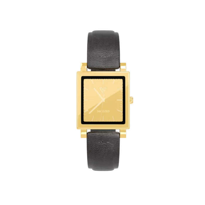 24K Gold Watch LW 1100 by GoldPrivé, front view of the rectangular case with a black inner frame on a black leather strap