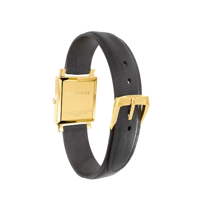 24K Gold Watch LW 1100, case back and plated pin buckle on the black leather strap