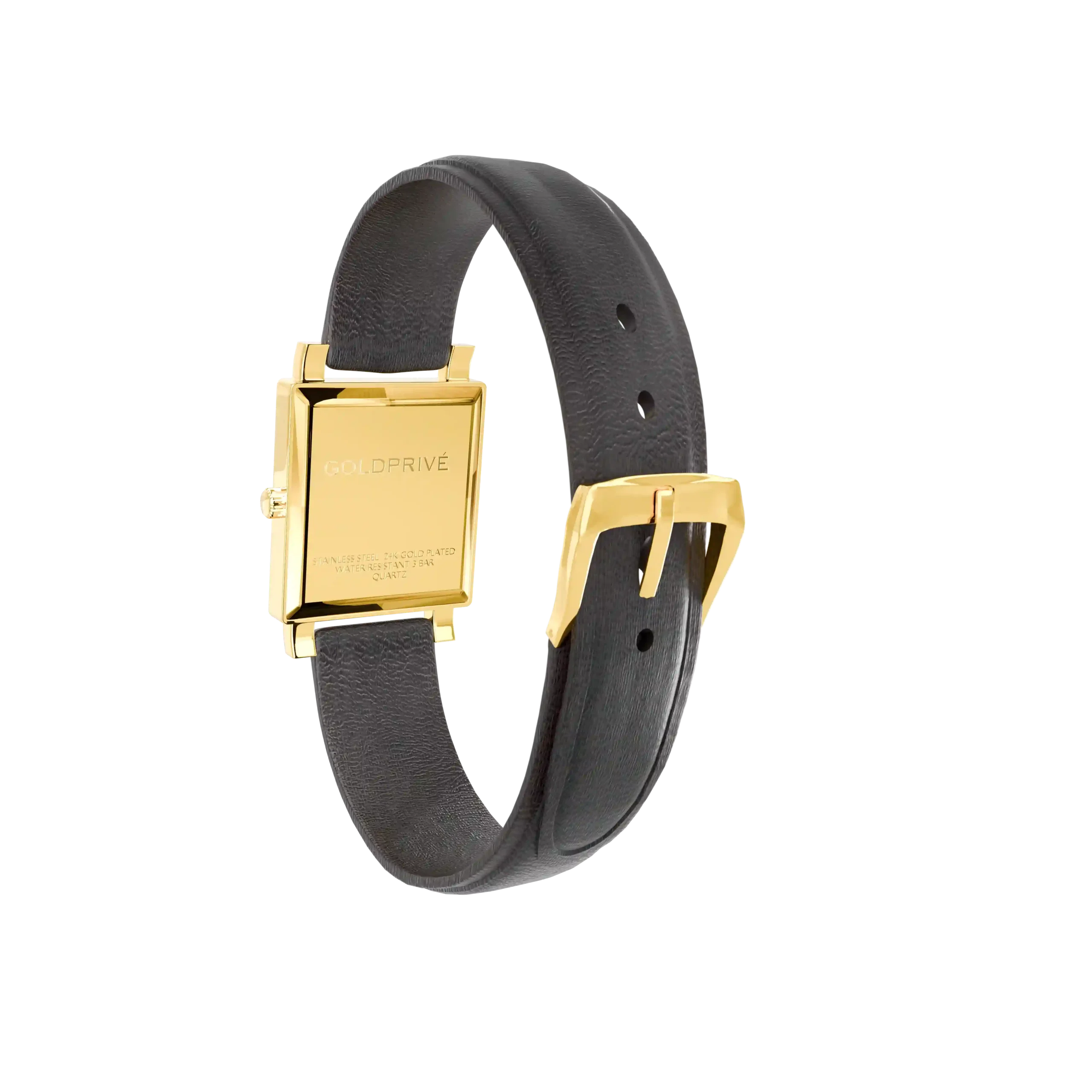 24K Gold Watch LW 1100 case back with the GoldPrivé name, next to the pin buckle on the black strap