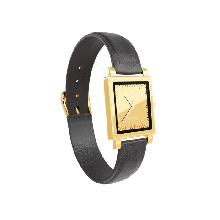 24K Gold Watch LW 1100, side view of the rectangular case and leather strap