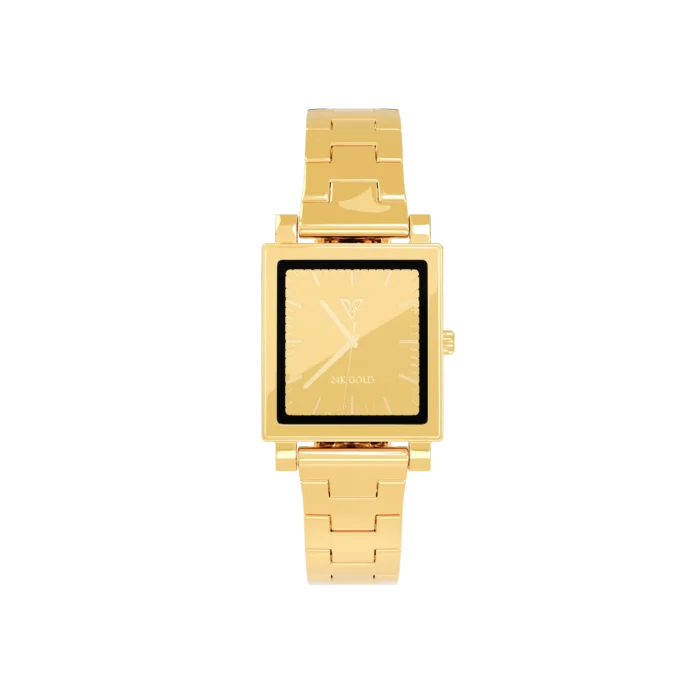 24K Gold Watch LW 3200 by GoldPrivé, front view of the rectangular case with a black inner frame