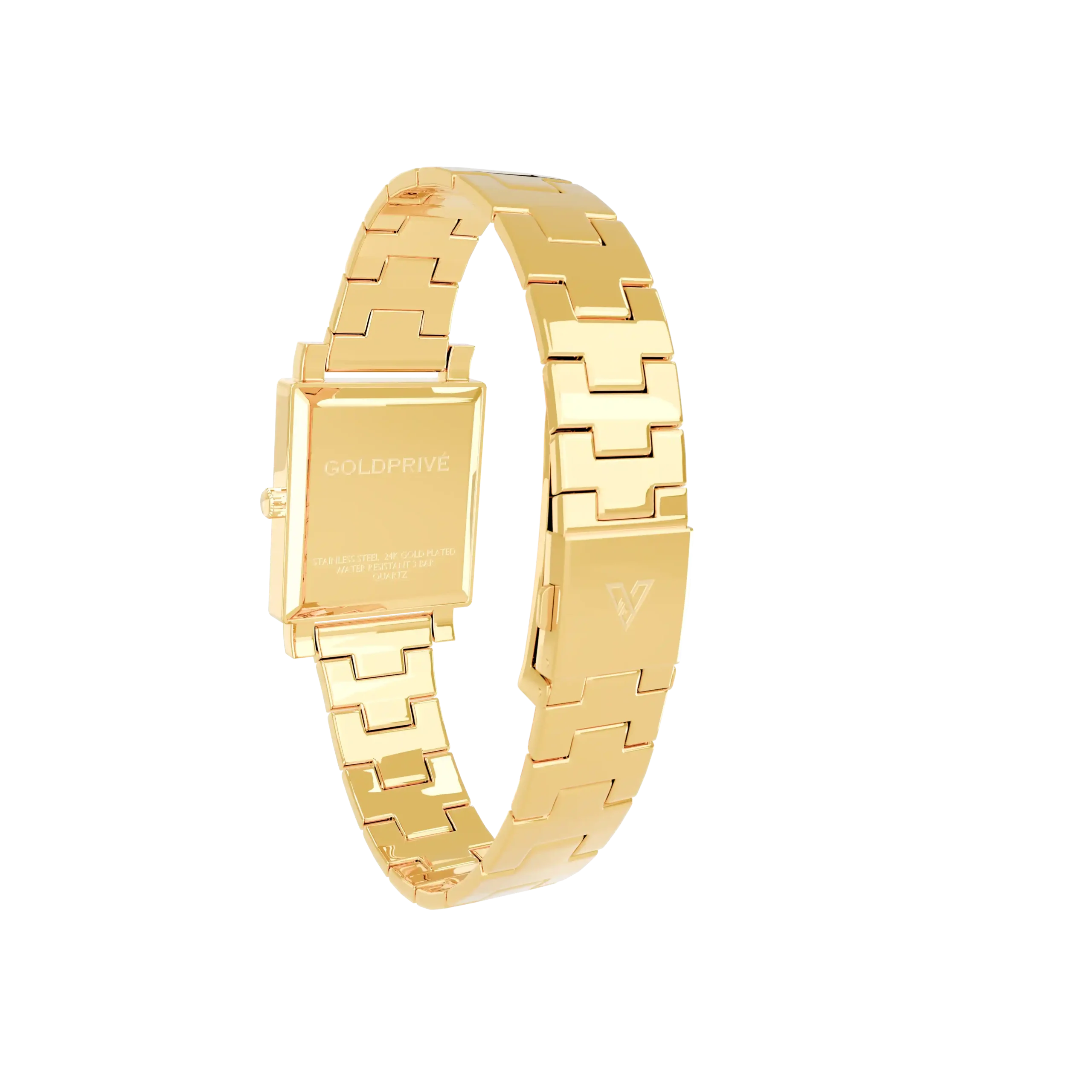 24K Gold Watch LW 3200 case back with the GoldPrivé name and the fold-over clasp with the V mark