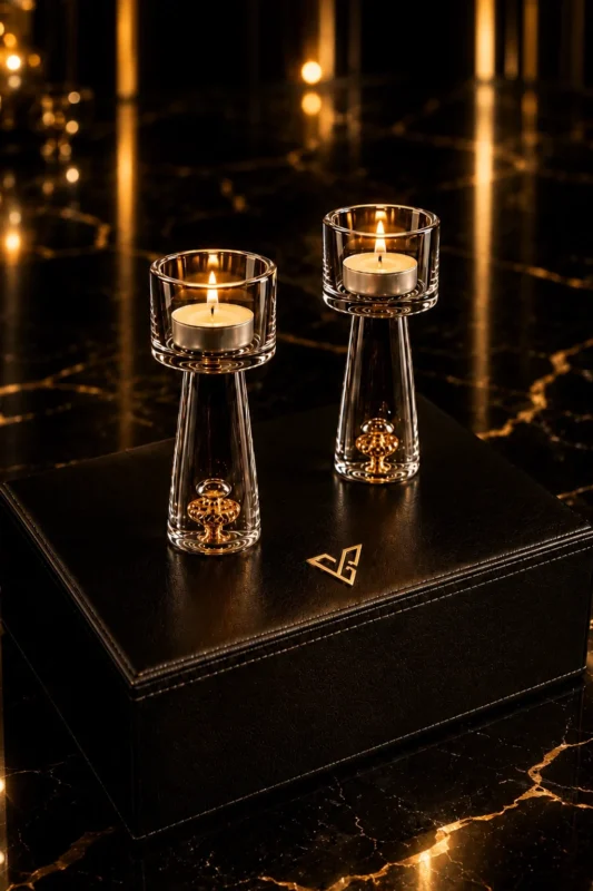 24K Gold Tealight Holders lit as a pair on a black leather box, each flame above a clear glass column with a gold leaf cluster sealed in the base