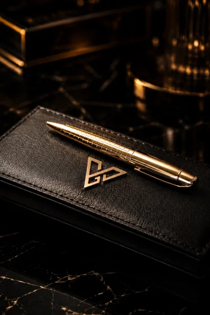 Gold Personalised Pen resting diagonally on a stitched black leather pad, its grid-patterned lower barrel leading up to a smooth 24K Gold cap and clip