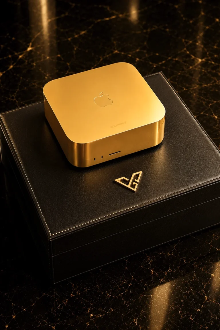 24K Gold Mac Studio on a GoldPrivé display plinth