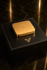 Gold Apple Mac mini resting on a stitched black leather presentation box on dark marble, its polished 24K Gold top carrying the Apple logo in the same metal