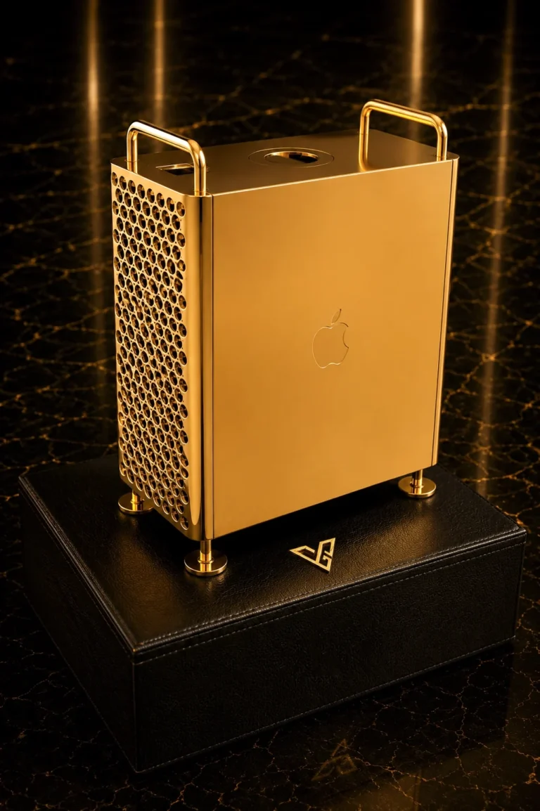24K Gold Mac Pro tower on a black GoldPrivé plinth