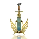 24K Gold Shisha Wings Edition on white, two mirror-gold wings with open-cut feathers rising either side of frosted glass glowing blue, the wooden section and lidded bowl on top