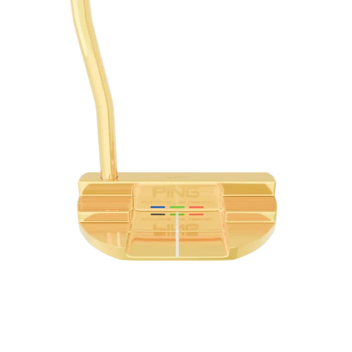 Gold PING DS72 Putter from the rear at a low angle, the PING badge and coloured alignment marks on the 24K Gold head