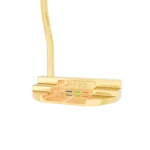 Gold PING DS72 Putter seen from behind, the mirror 24K Gold mallet head showing the PING badge with blue, green and red marks beneath it and the bent shaft rising from the rear rail