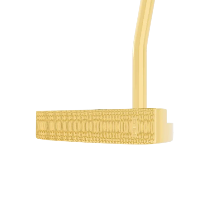 Gold PING DS72 Putter face on, the deep milled pattern running from heel to toe across the 24K Gold striking face, with PLD stamped at the heel end below the shaft