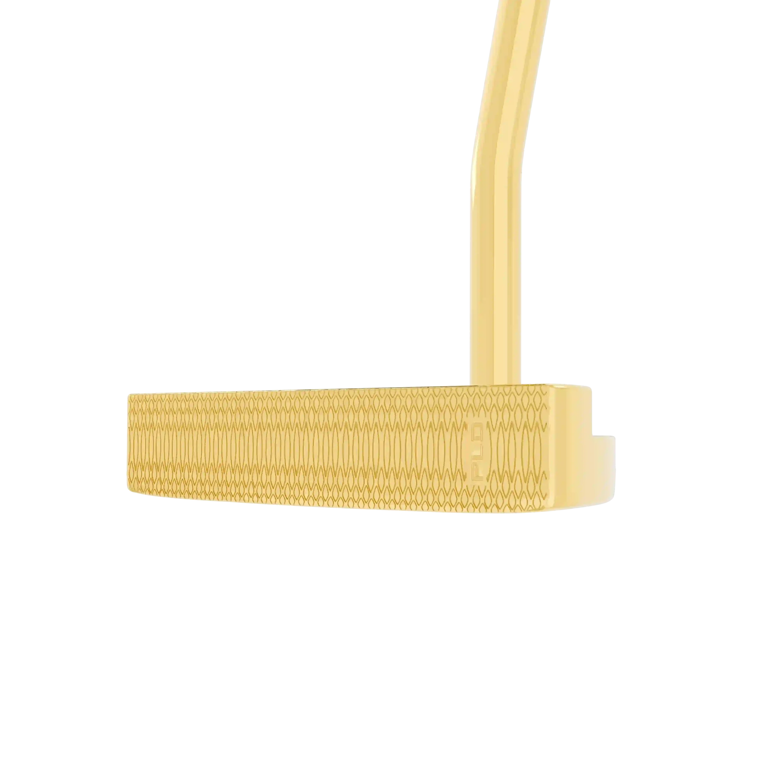 Gold PING DS72 Putter face on, the deep milled pattern running from heel to toe across the 24K Gold striking face, with PLD stamped at the heel end below the shaft