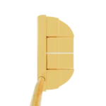 Gold PING DS72 Putter from above, the 24K Gold top rail with its white sight line and the shaft entering at the heel