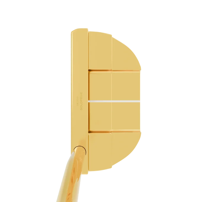 Gold PING DS72 Putter from above, the 24K Gold top rail with its white sight line and the shaft entering at the heel