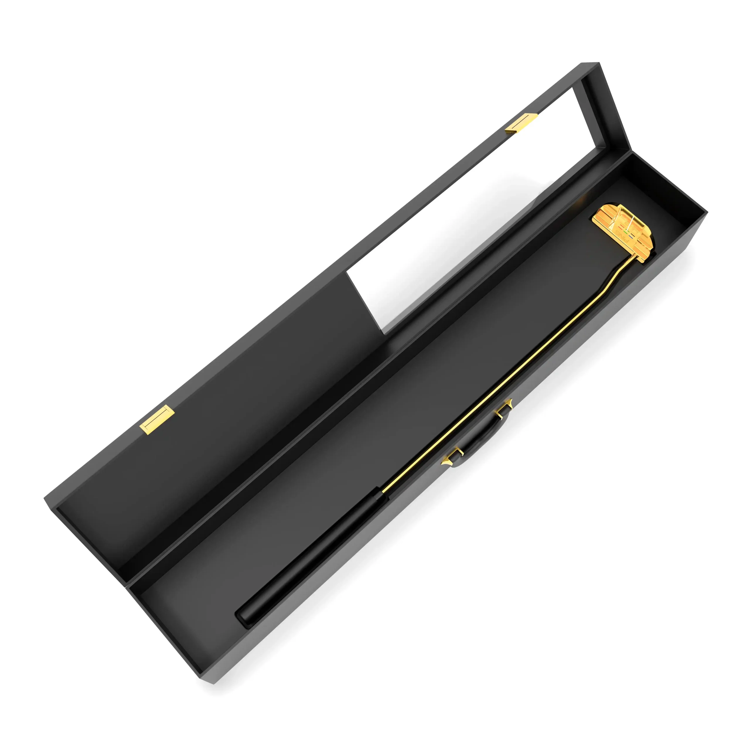 Gold PING DS72 Putter lying in its open black presentation case, the raised lid showing its clear window, with the black grip at one end and the plated mallet head at the other