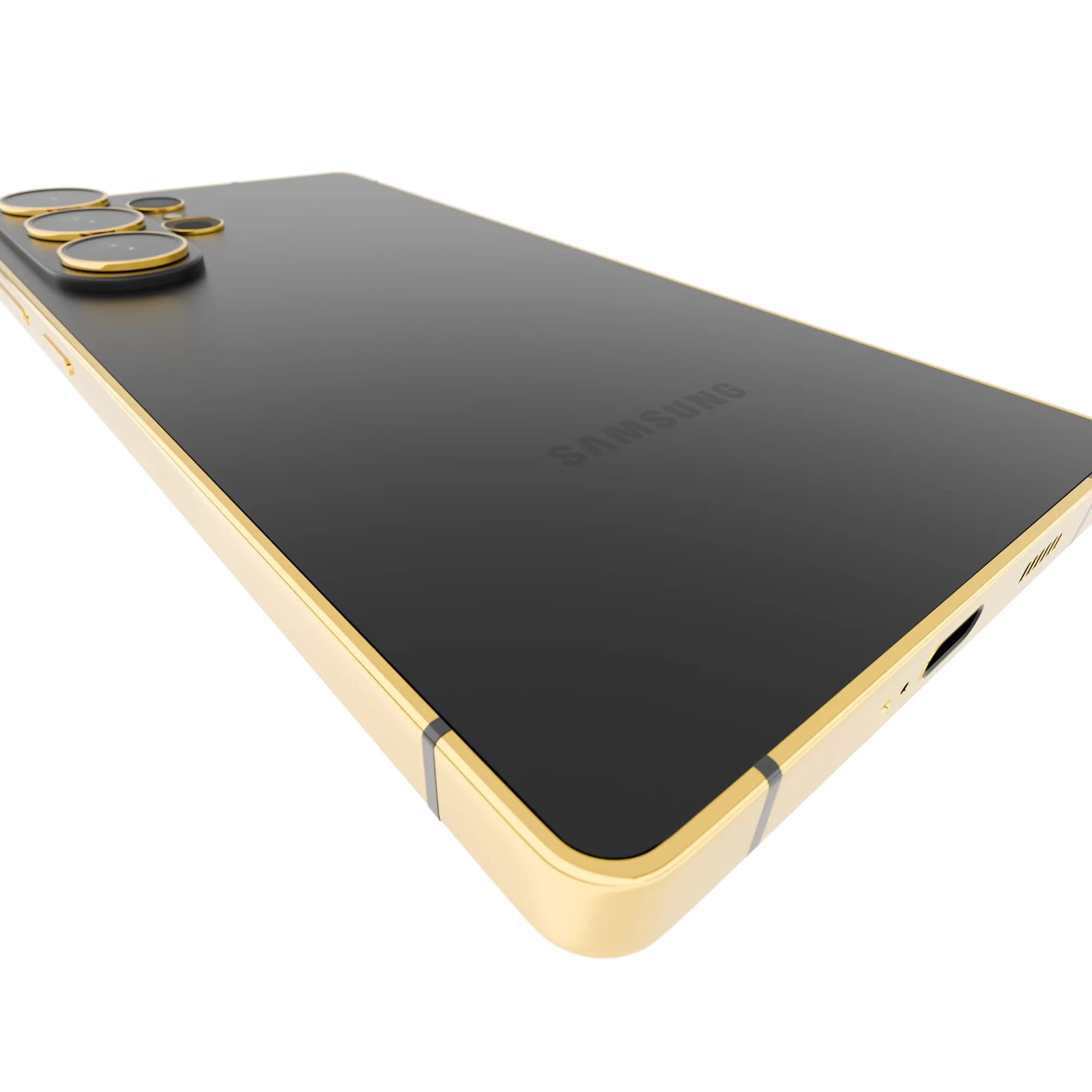 Black Galaxy S26 Ultra Gold Frame close-up showing the Black glass back, the plated frame edge and the plated camera lens rings