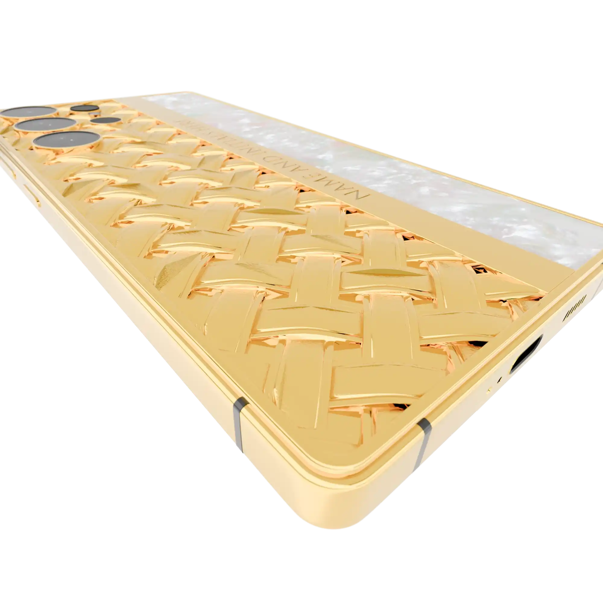 Knots & Pearl Gold Galaxy S26 Ultra angled close-up of the raised woven lattice beside the mother of pearl strip