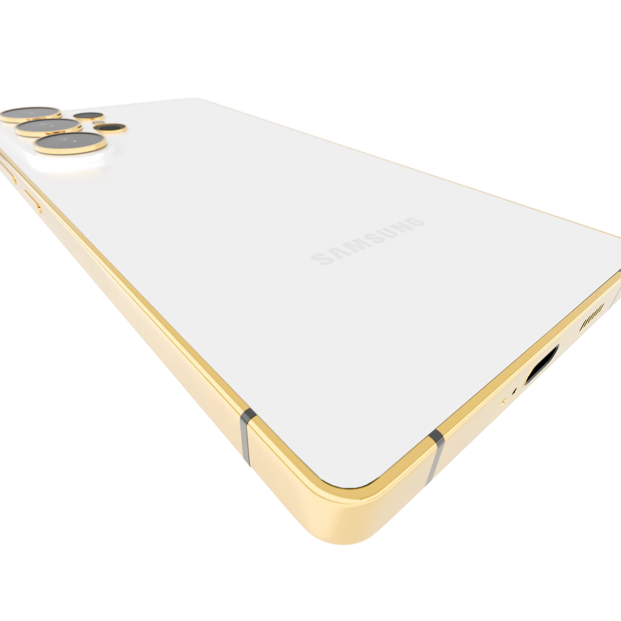 White Galaxy S26 Ultra Gold Frame close-up of the White glass back meeting the plated frame, with plated lens rings