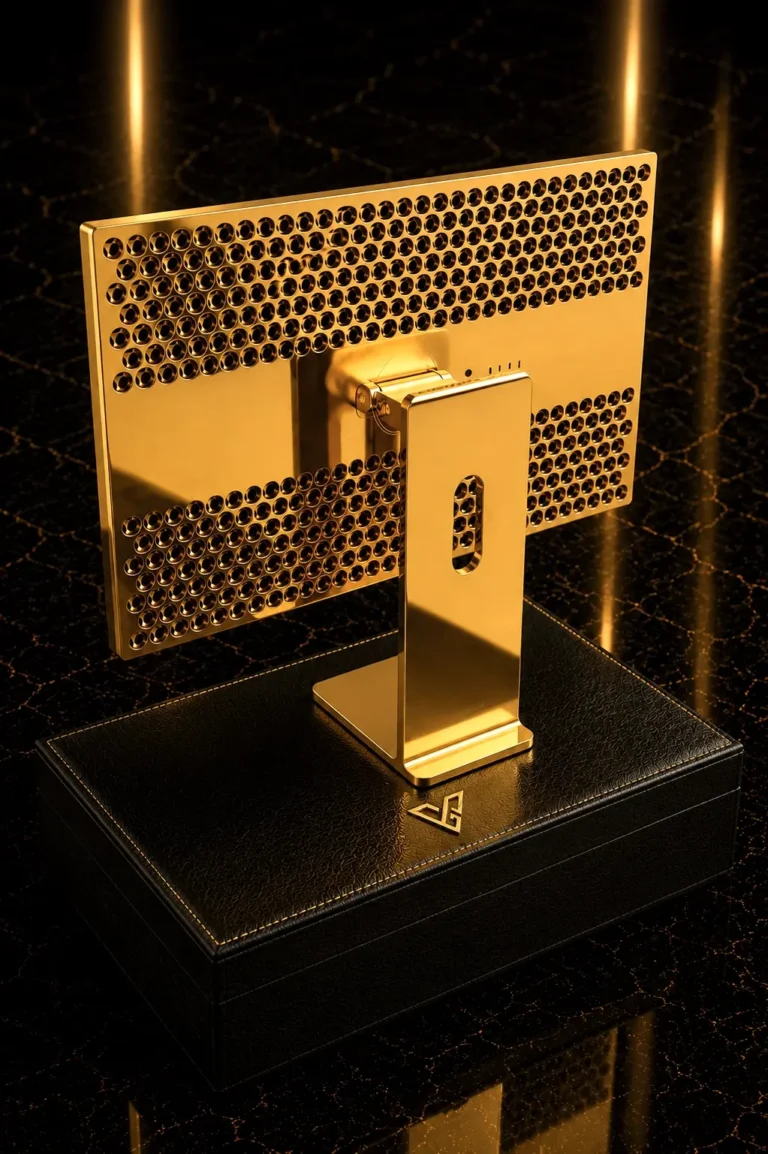 24K Gold Pro Display XDR shown from the rear with gold stand