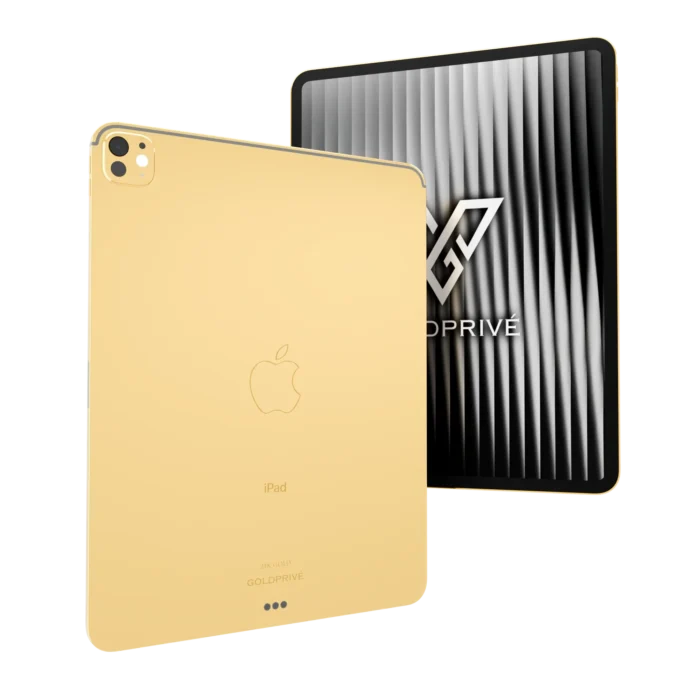 Pro.01 Gold Apple iPad Pro (M5) in 24K Gold, the plated back with the Apple logo and gold camera plateau, the display behind