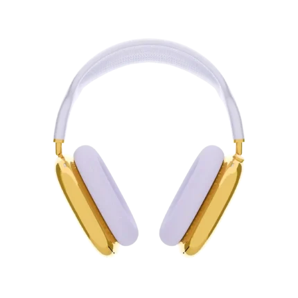 Gold AirPods Max 2 Purple face-on, the soft purple headband arching over two 24K Gold ear cups and pale lavender cushions