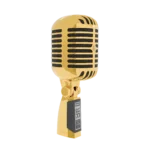 Gold Shure Super 55 upright from the side, its rounded 24K Gold grille and swivel mount rising above the dark Super 55 nameplate