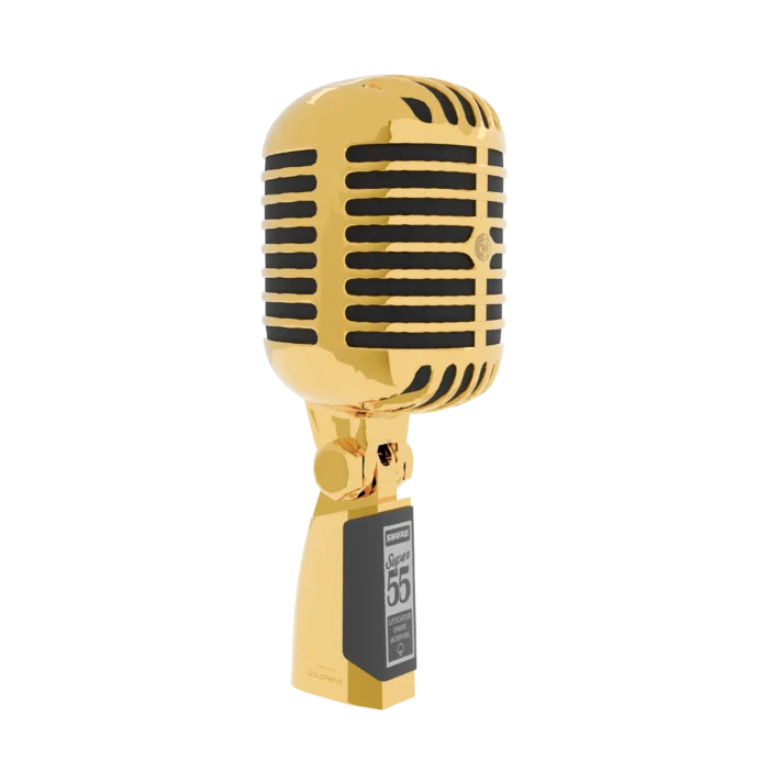 Gold Shure Super 55 upright from the side, its rounded 24K Gold grille and swivel mount rising above the dark Super 55 nameplate