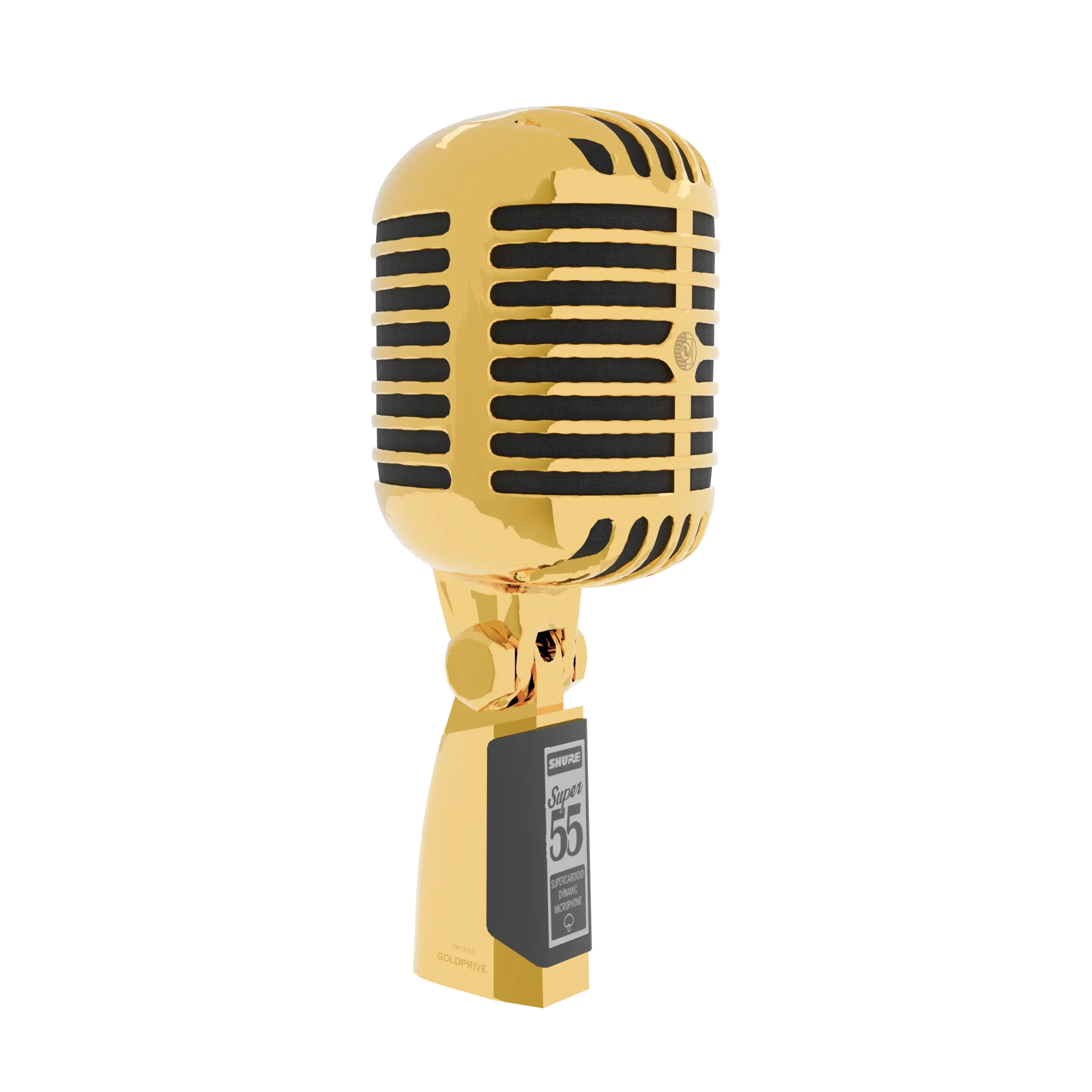 Gold Shure Super 55 upright from the side, its rounded 24K Gold grille and swivel mount rising above the dark Super 55 nameplate