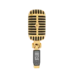 Gold Shure Super 55 face-on, horizontal 24K Gold grille bars around the central Shure badge, above the swivel joint and the grey nameplate