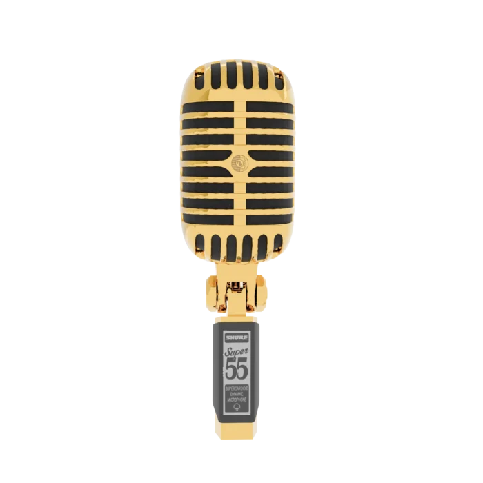Gold Shure Super 55 face-on, horizontal 24K Gold grille bars around the central Shure badge, above the swivel joint and the grey nameplate
