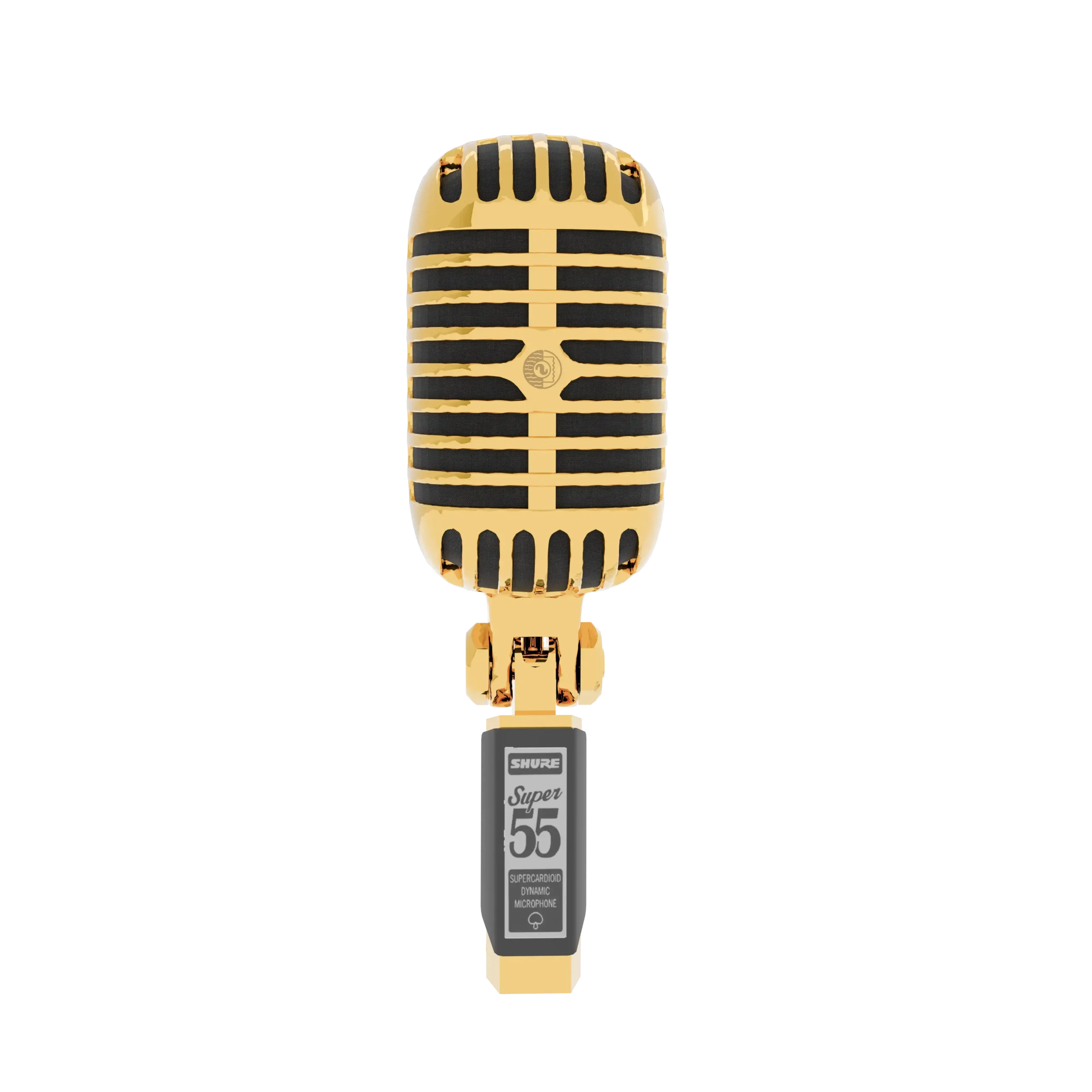 Gold Shure Super 55 face-on, horizontal 24K Gold grille bars around the central Shure badge, above the swivel joint and the grey nameplate