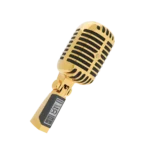 Gold Shure Super 55 tilted in three-quarter view, the 24K Gold Art Deco grille bars over the foam windscreen, with the grey Super 55 nameplate on the base