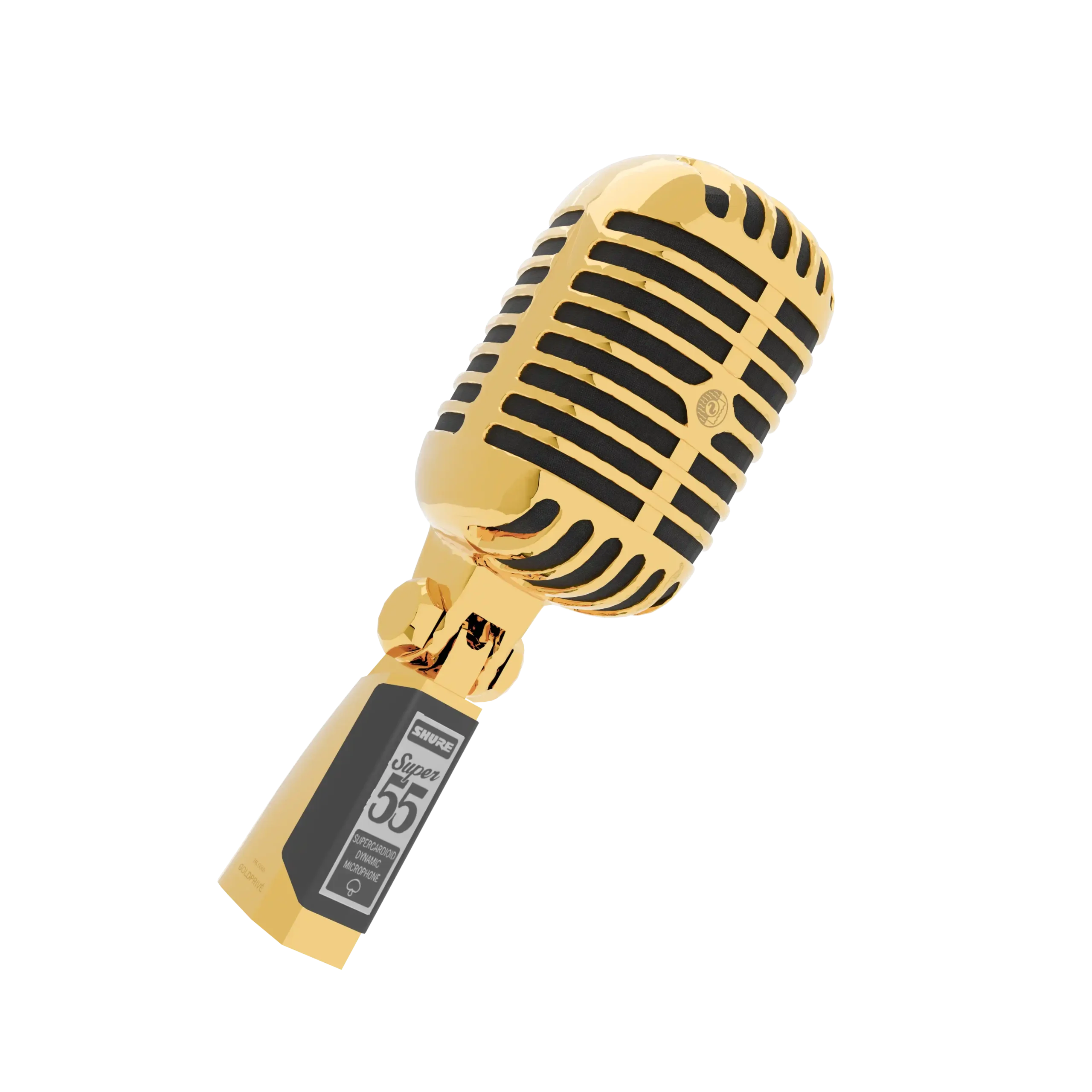 Gold Shure Super 55 tilted in three-quarter view, the 24K Gold Art Deco grille bars over the foam windscreen, with the grey Super 55 nameplate on the base