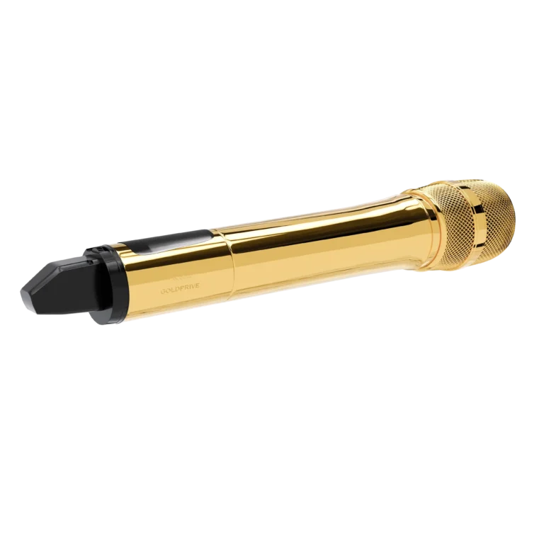 24K gold Sennheiser microphone on a black background